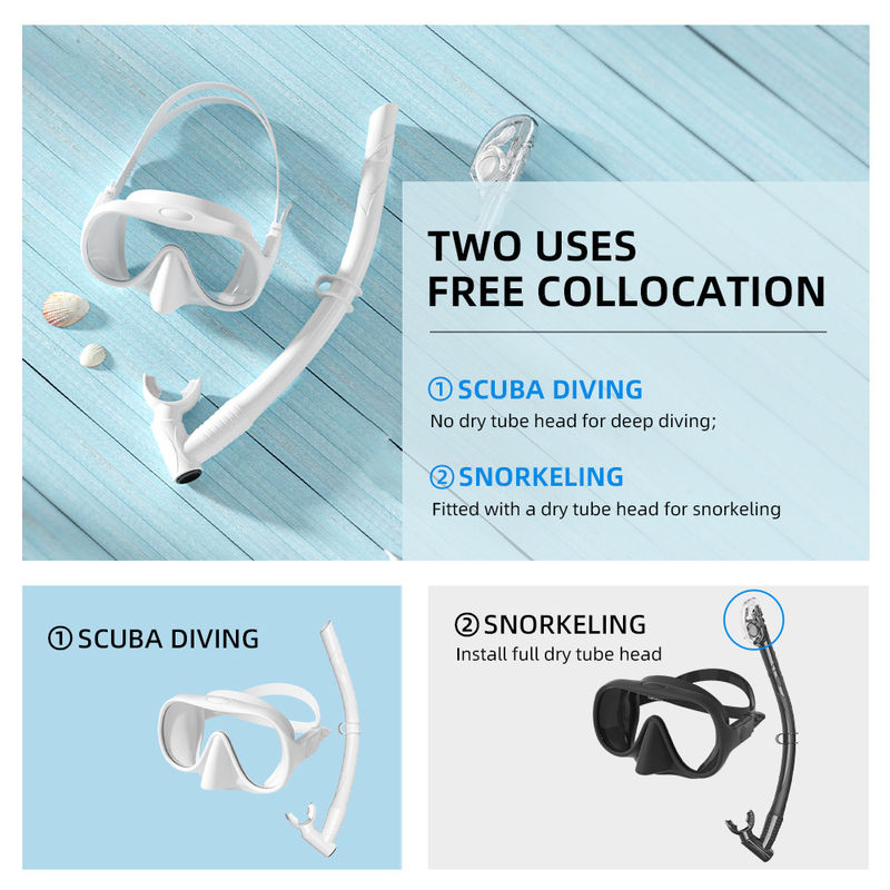 SNORKELING Mask and Snorkel Set with Style Coated Tempered Glass Single Lens in White Snorkel Mask Set