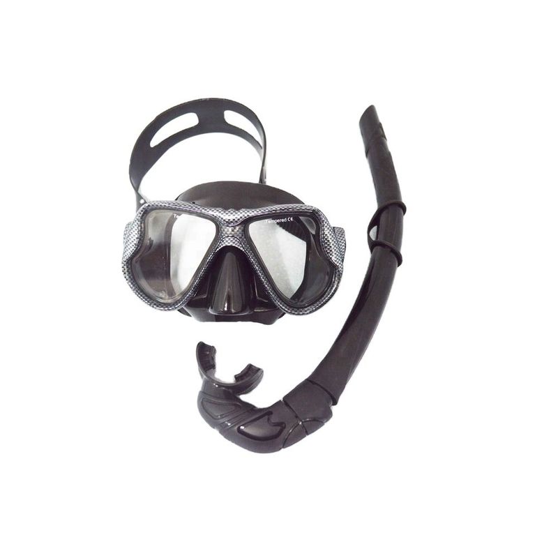 Customized Logo Black Diving Mask Set with Tempered Glass Lens and Silicone Strap Snorkel Mask Set